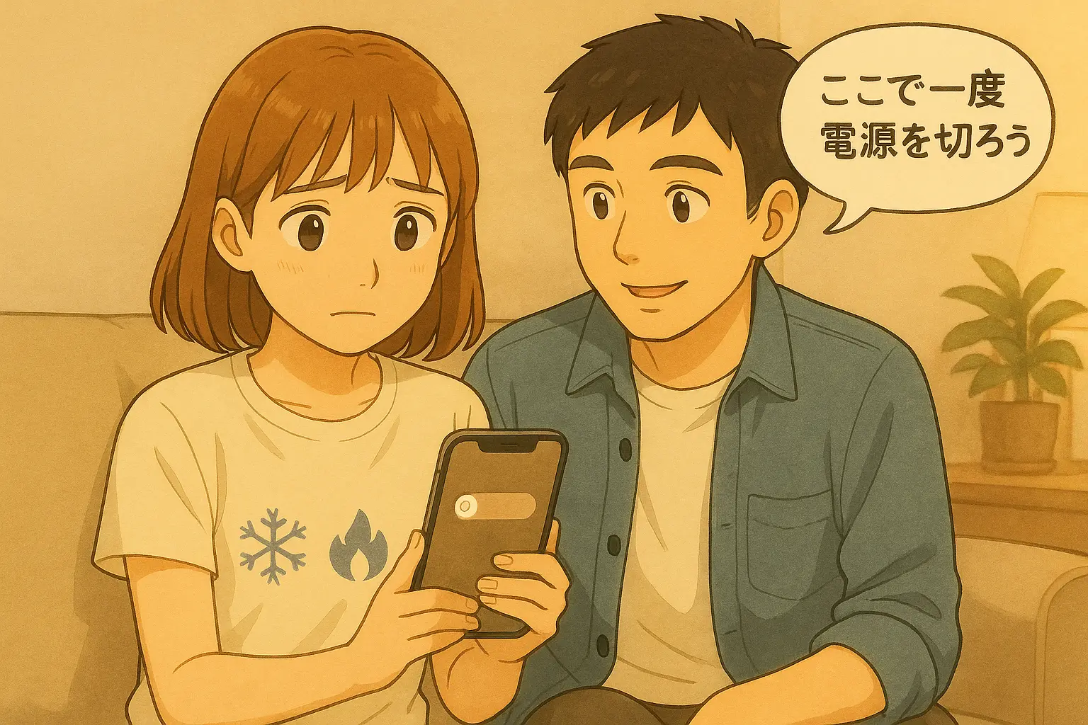 ロック画面の不調で、iPhoneの電源を切って再起動する決断をする陽菜と、それをサポートするひろとのイラスト