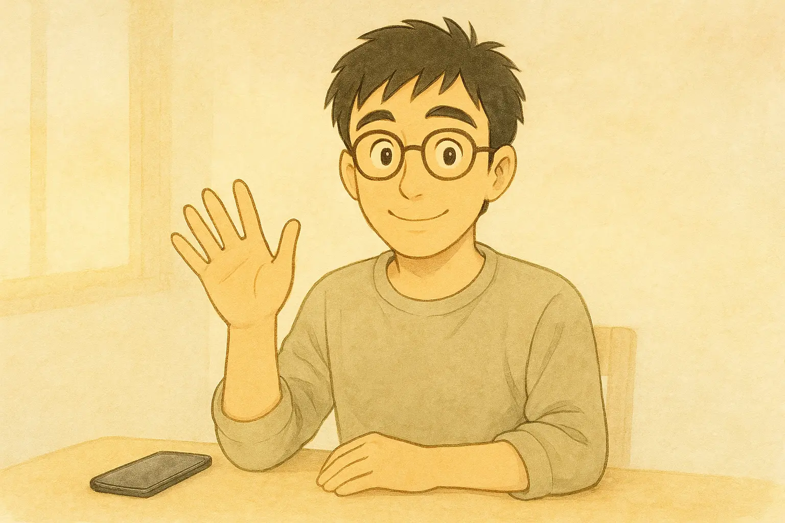 テーブルに座るさとしが、そばに置いたiPhoneを見ながら少し安心した表情を浮かべている様子