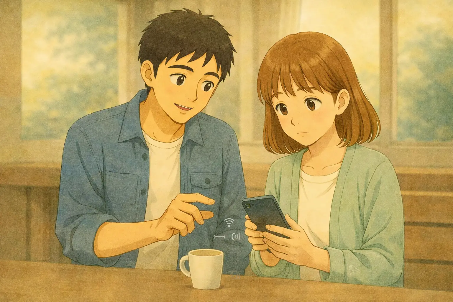 昼休みの室内で、陽菜がスマホを手に少し不安そうに画面を見つめ、隣のひろとが落ち着いた表情で設定を一緒に確認しようとしている様子