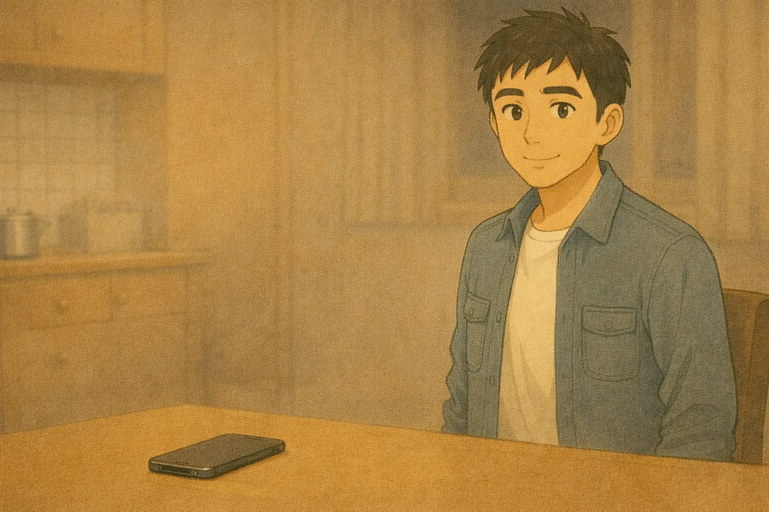 夜のダイニングで、落ち着いた表情のひろとがこちらを見ている。テーブルには使い終えたiPhone 7が置かれ、安心して一息ついた空気が漂っている。