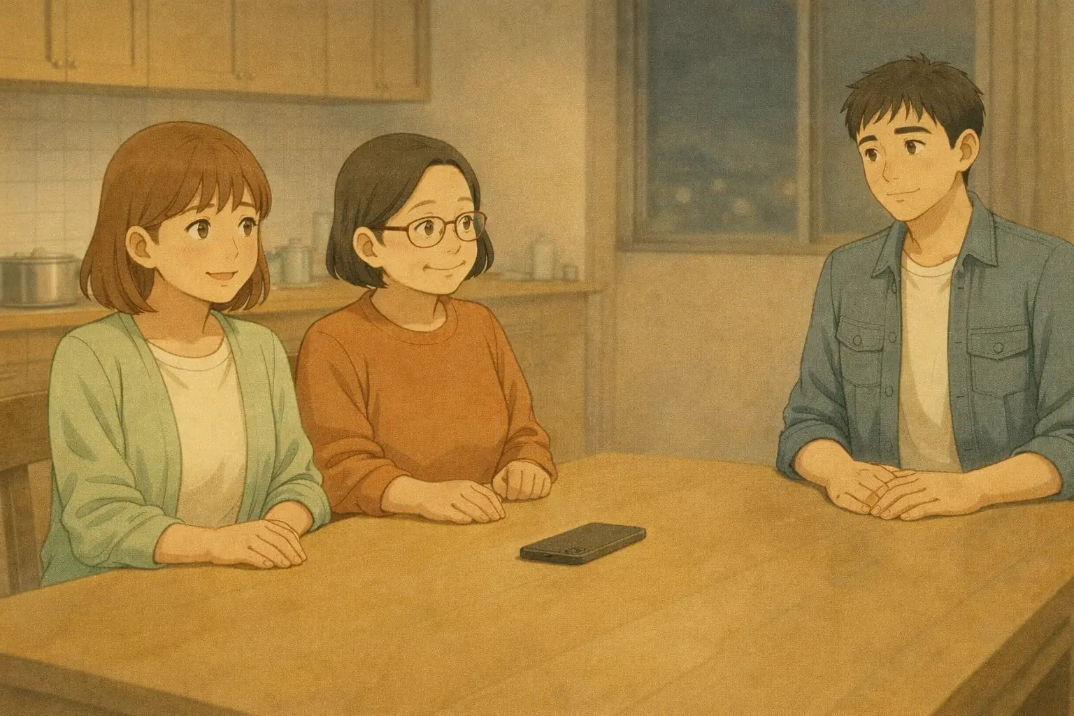 iPhone 7の確認手順が整理されて安心した表情の明美さんと、そっと微笑む陽菜、うなずくひろと