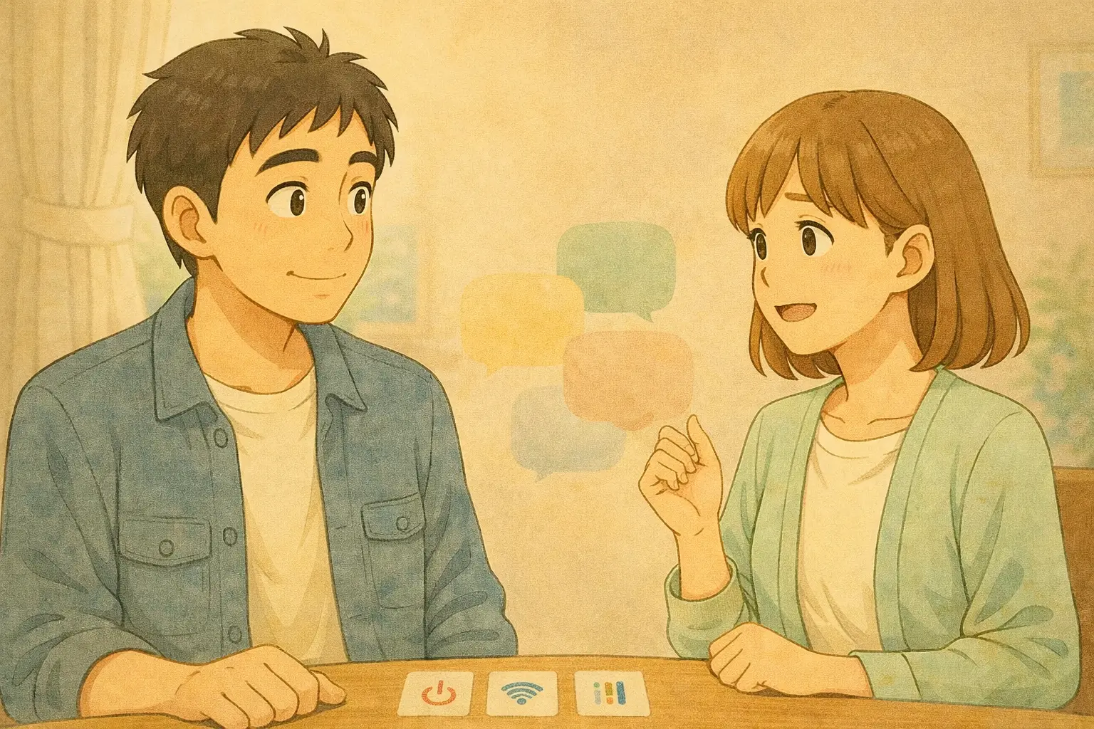 無料VPNの疑問について、陽菜が質問し、ひろとが落ち着いて話を聞いている様子