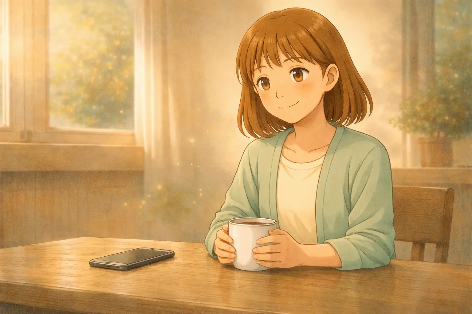 不安が少し和らぎ、スマホを机に置いて一息つく陽菜の表情。操作を止めて「今日はここまで」と気持ちを落ち着かせている様子。