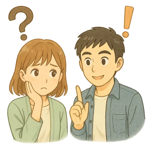 ロック画面の疑問を質問する陽菜と、それに答えるひろとの水彩風イラスト