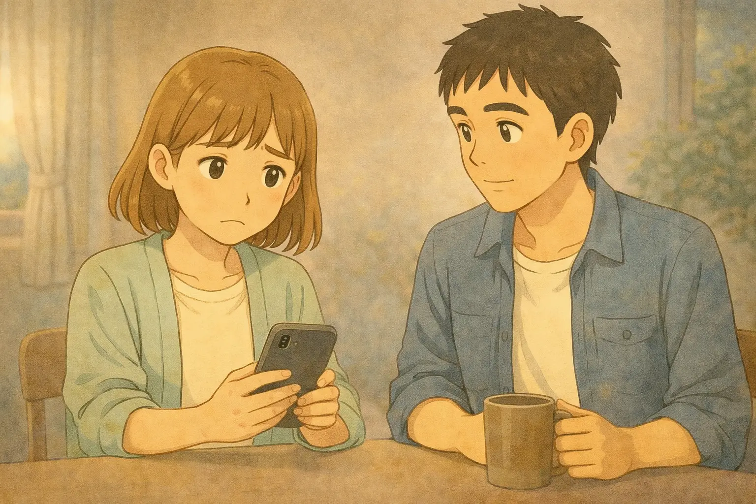 考え込む陽菜がスマートフォンを見つめ、隣でひろとが静かに話を聞いている様子