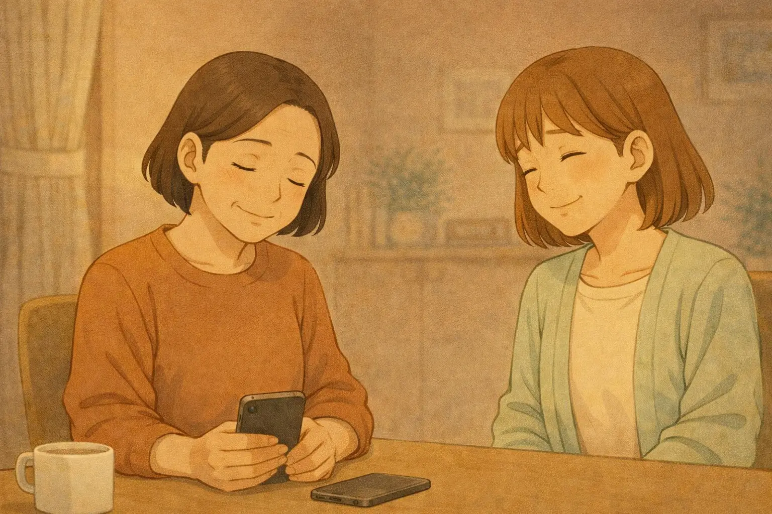 iPhone 7をそばに置き、状況を理解して安心した表情で並んで座る明美さんと陽菜の様子