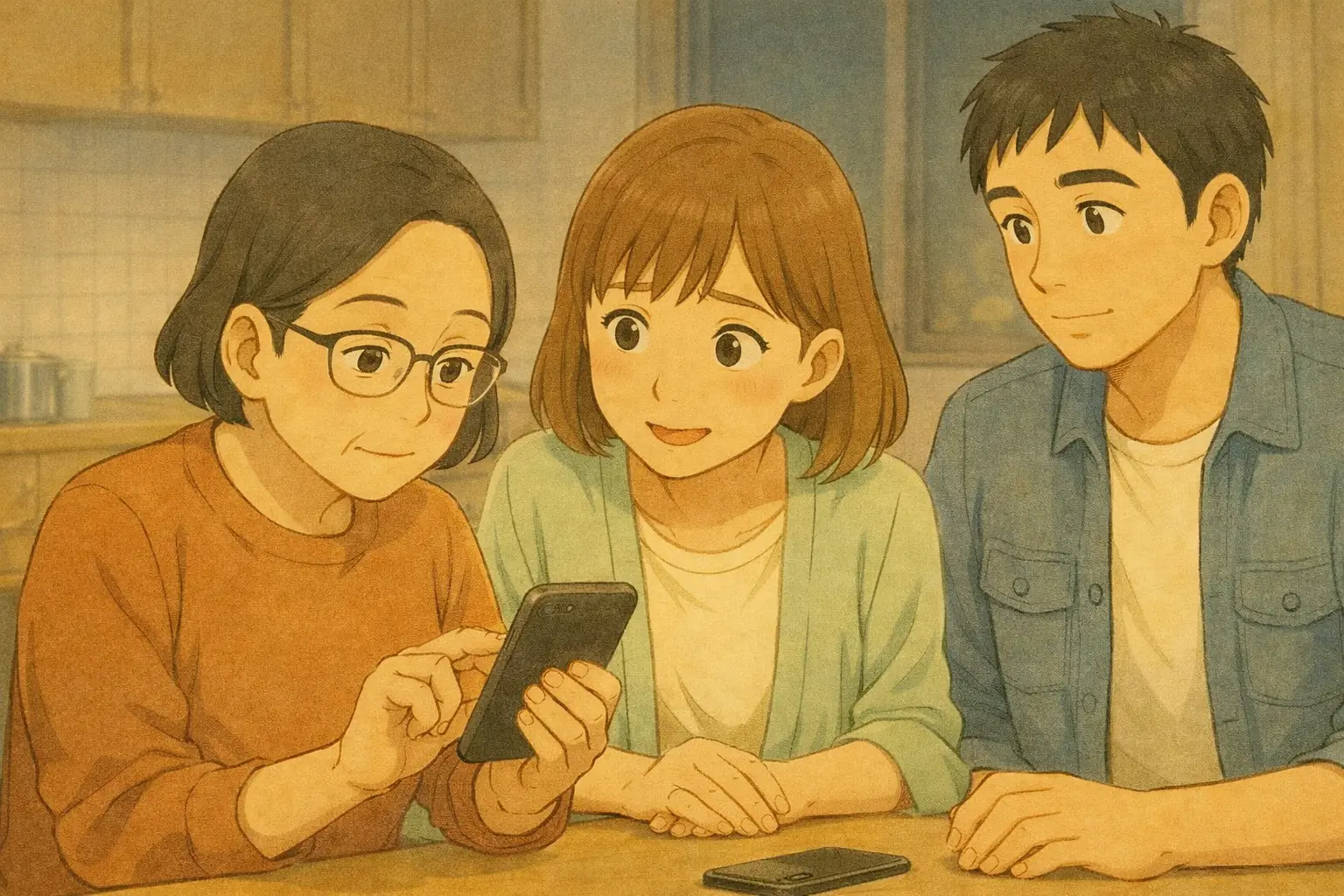 ロック設定を確認しながらiPhone 7を見つめる明美さんと、少し心配そうに寄り添う陽菜、静かに見守るひろと