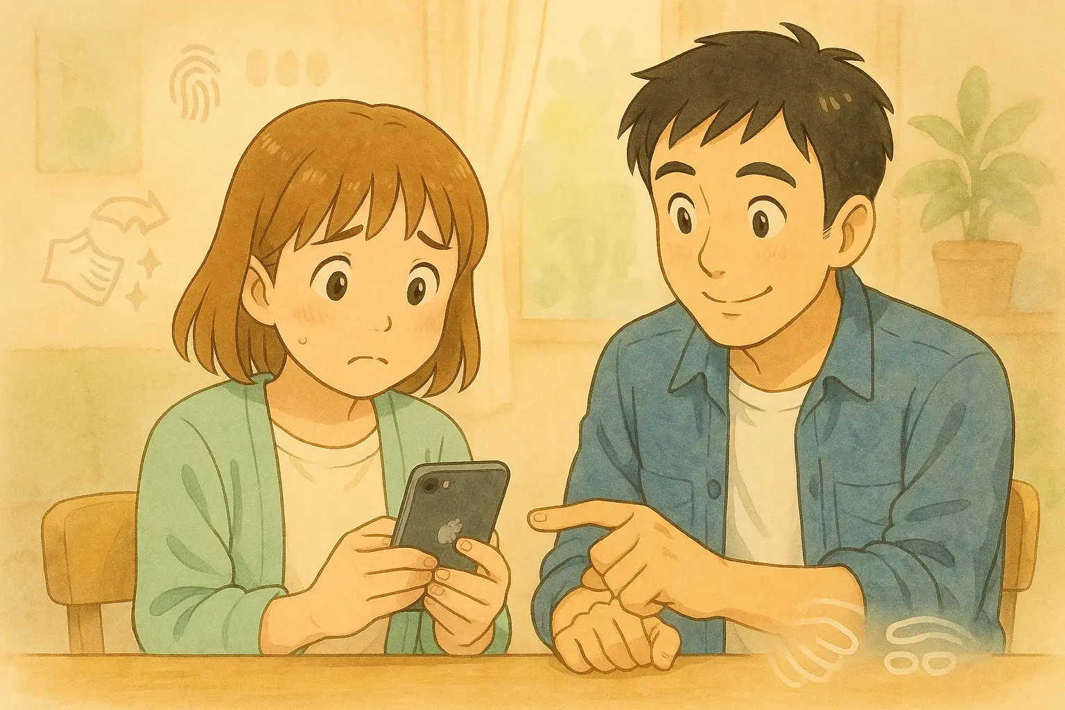 Touch ID の登録で少し不安そうに親指を置く陽菜と、隣でひろとが優しく別の指を指し示しながらサポートしている様子。背景には、クリーニング・指紋・角度調整を示す抽象アイコンが水彩タッチでふわりと描かれているイラスト。