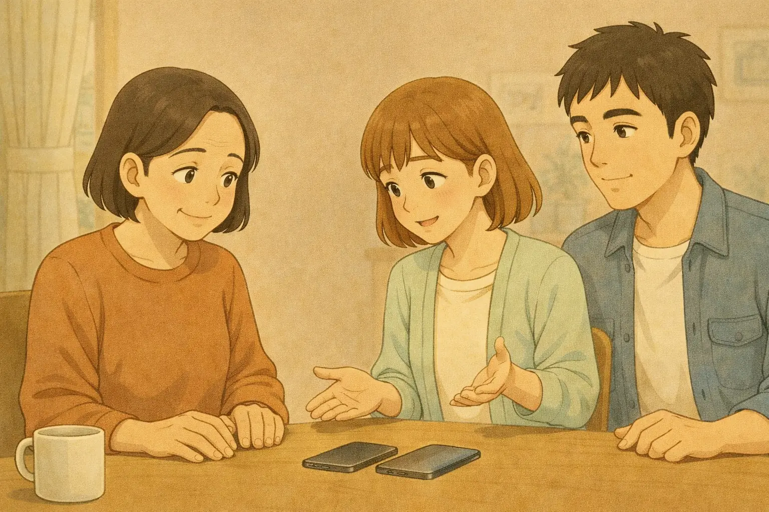 iPhoneの引き継ぎについて、陽菜が流れを整理しながら明美さんに説明している様子