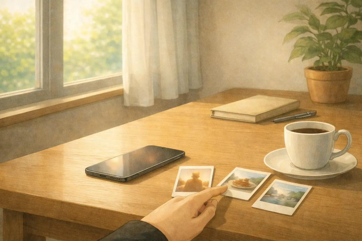 テーブルの上に置かれたiPhone Airと、日常の写真を思わせるプリントが並ぶ落ち着いた昼の室内風景