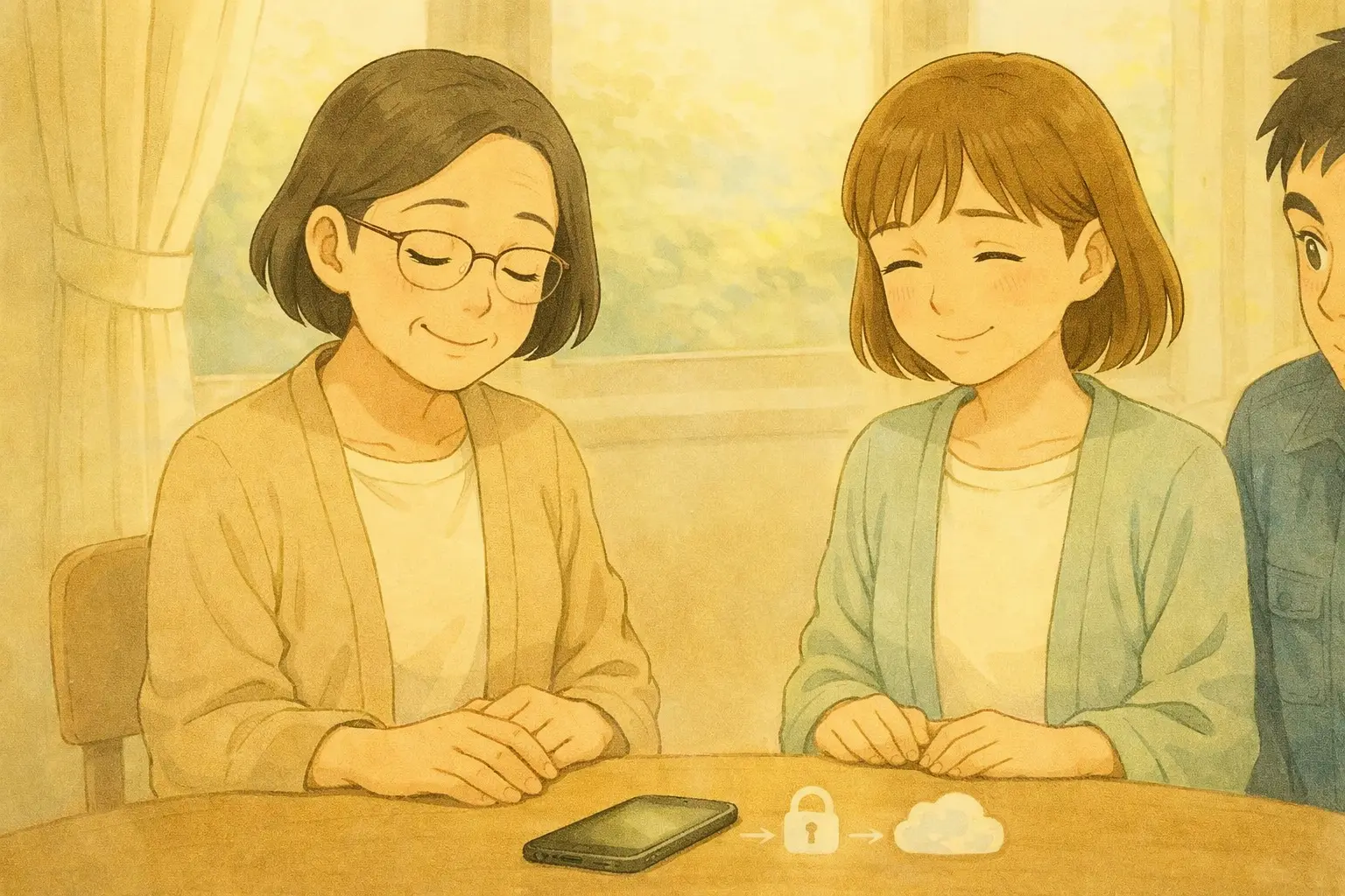 iCloudの状態を変更せずに確認し、安心してうなずく場面