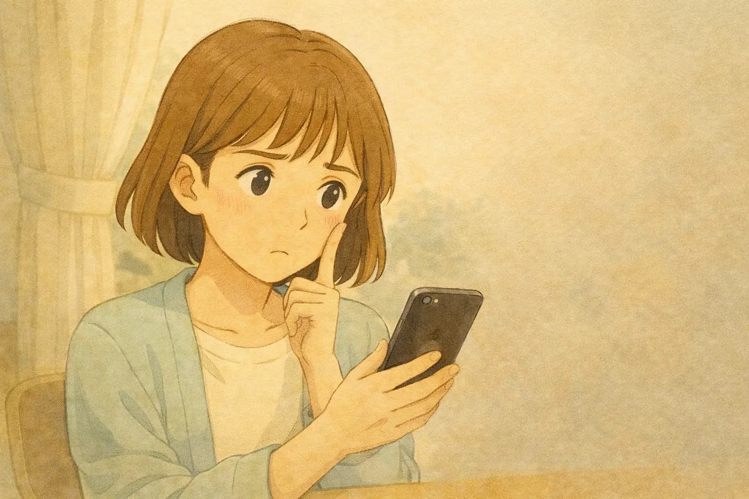 iPhoneを手にしながら、これは大丈夫かなと静かに考えている陽菜の様子