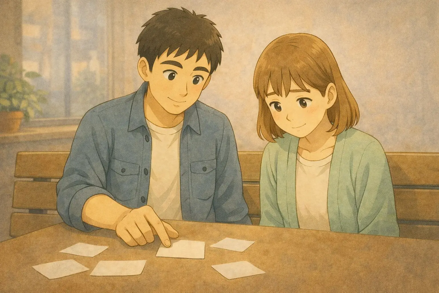 iPhone Airの立ち位置をカードで整理するひろとと陽菜のカット