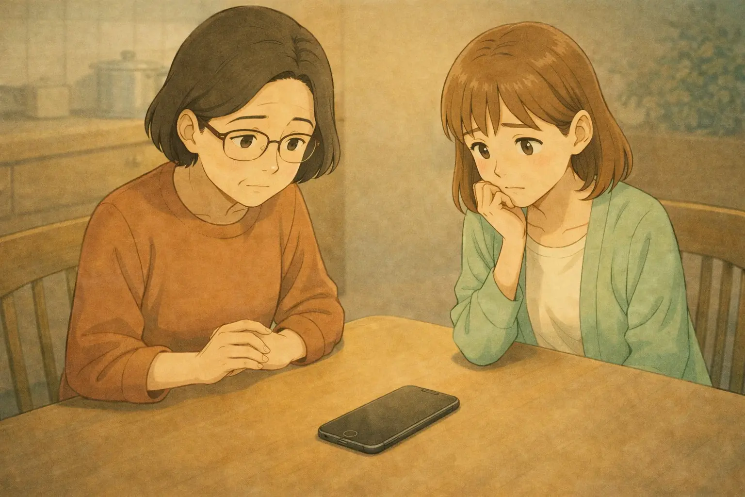 テーブルの上に置かれたiPhone 7を前に、少し不安そうな明美さんと考え込む陽菜が向かい合っているイメージイラスト