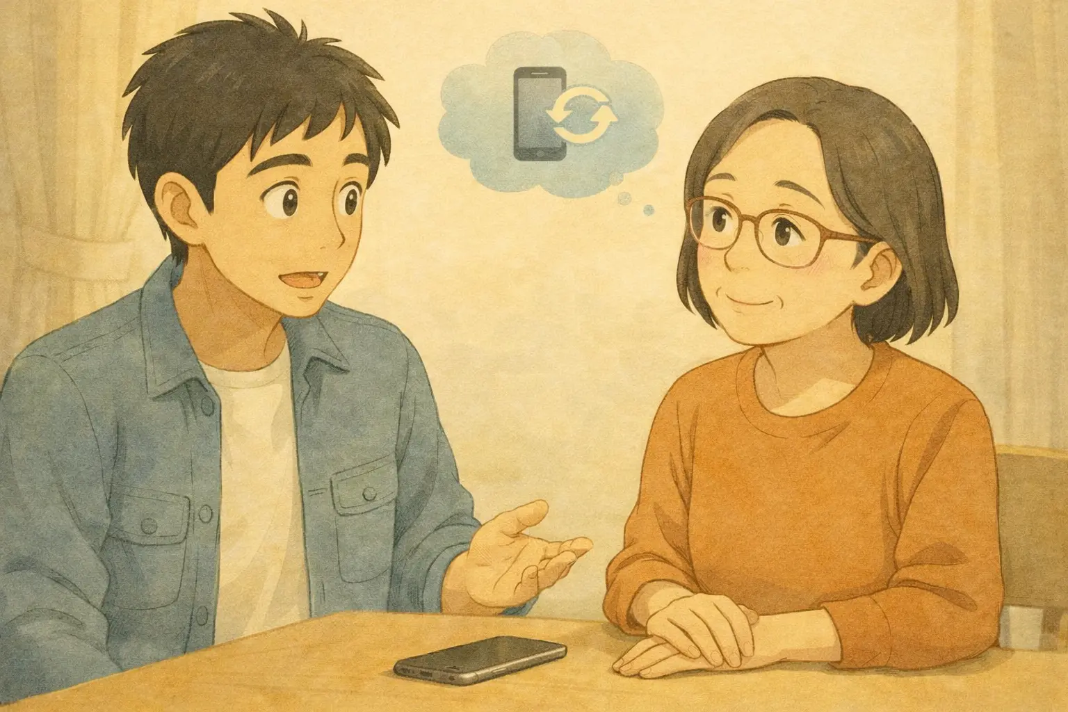 ひろとの説明を聞きながら、iPhone 7のデータは戻れる可能性があると知って少し安心した明美さん