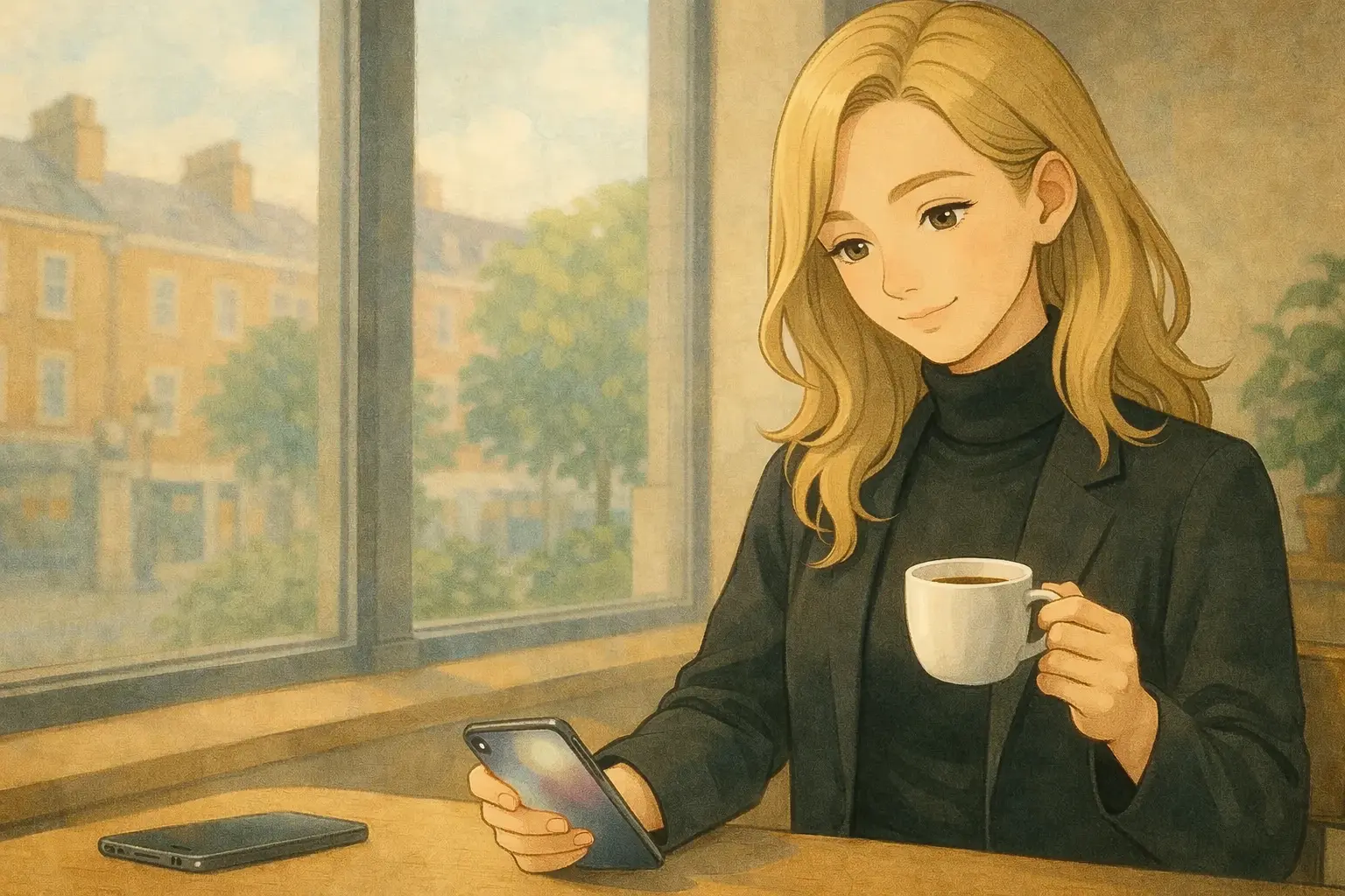 ロンドンのカフェで、彩花がiPhone Airで日常の一瞬をさっと残している様子