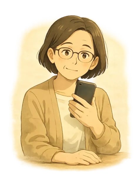 iPhone 7を手に、LINEのトーク履歴がどうなるのか考えている明美さんのイラスト