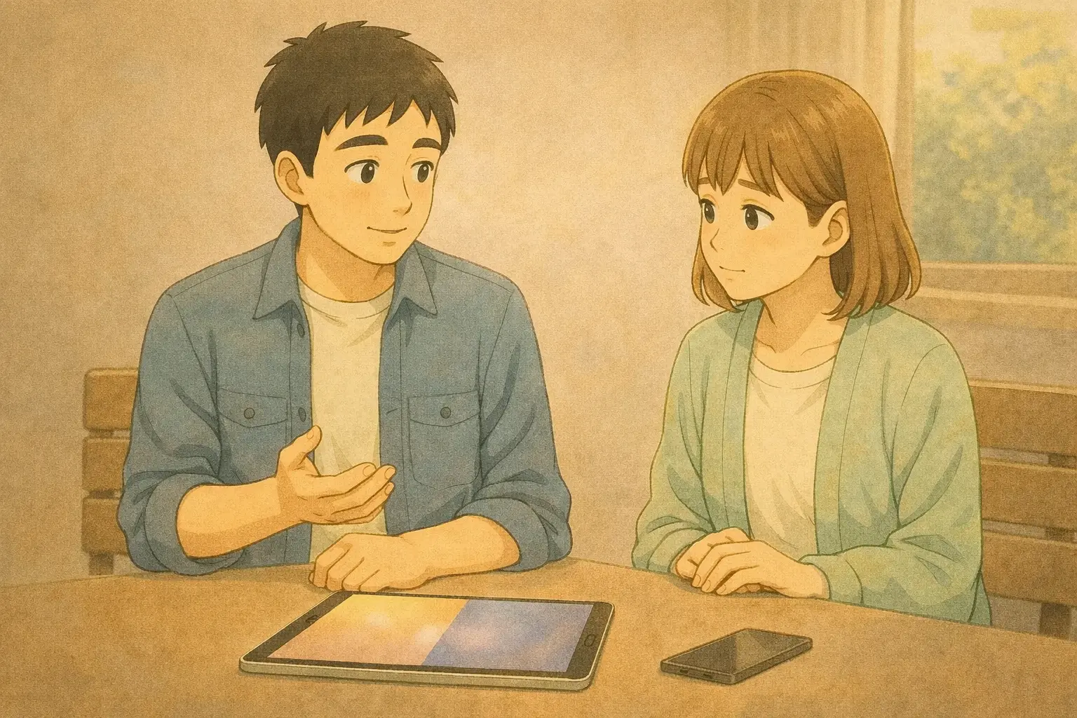 iPadとiPhoneを前に、考えの続き方の違いに気づくひろとと陽菜