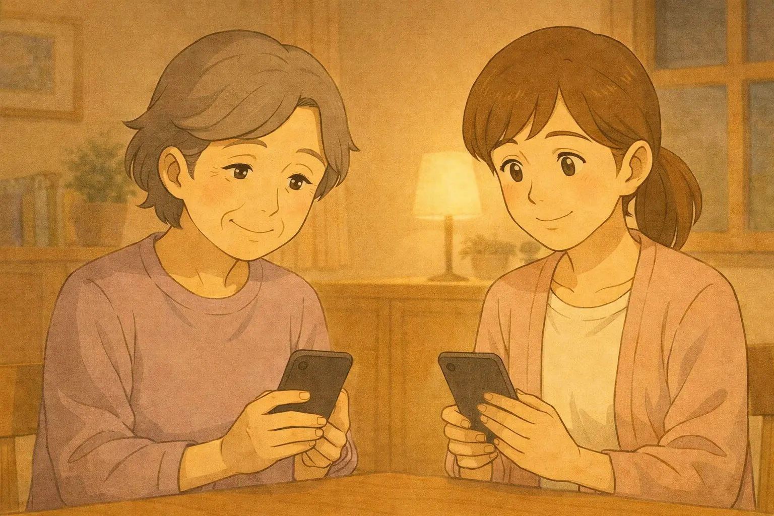 iPhone SE2とSE3を使いながら、バッテリーの様子を一緒に確認する結衣と母親