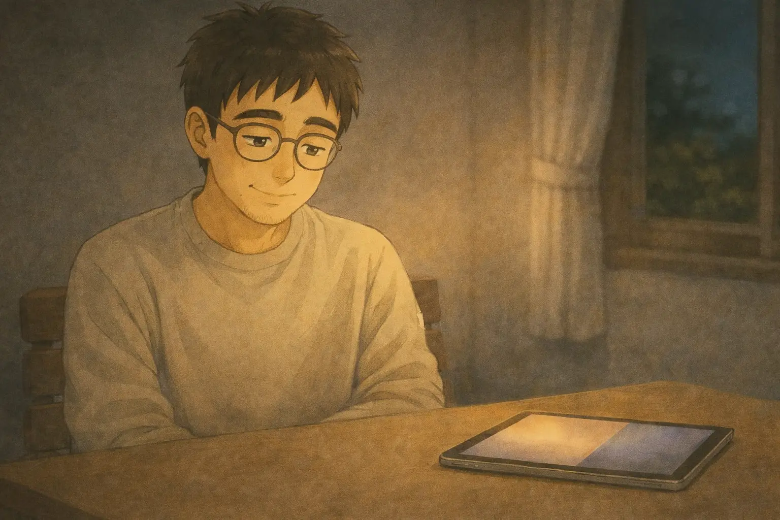 夜、途中のままのiPadを前に静かに安心しているさとし