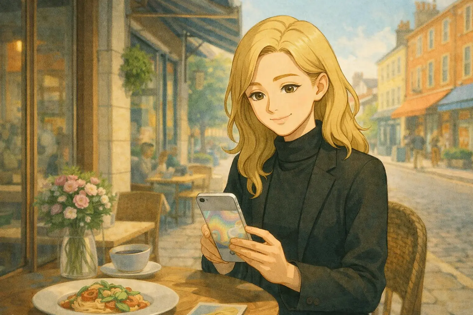 ロンドンの街角カフェで、iPhone Airを手に旅の写真を見返す彩花