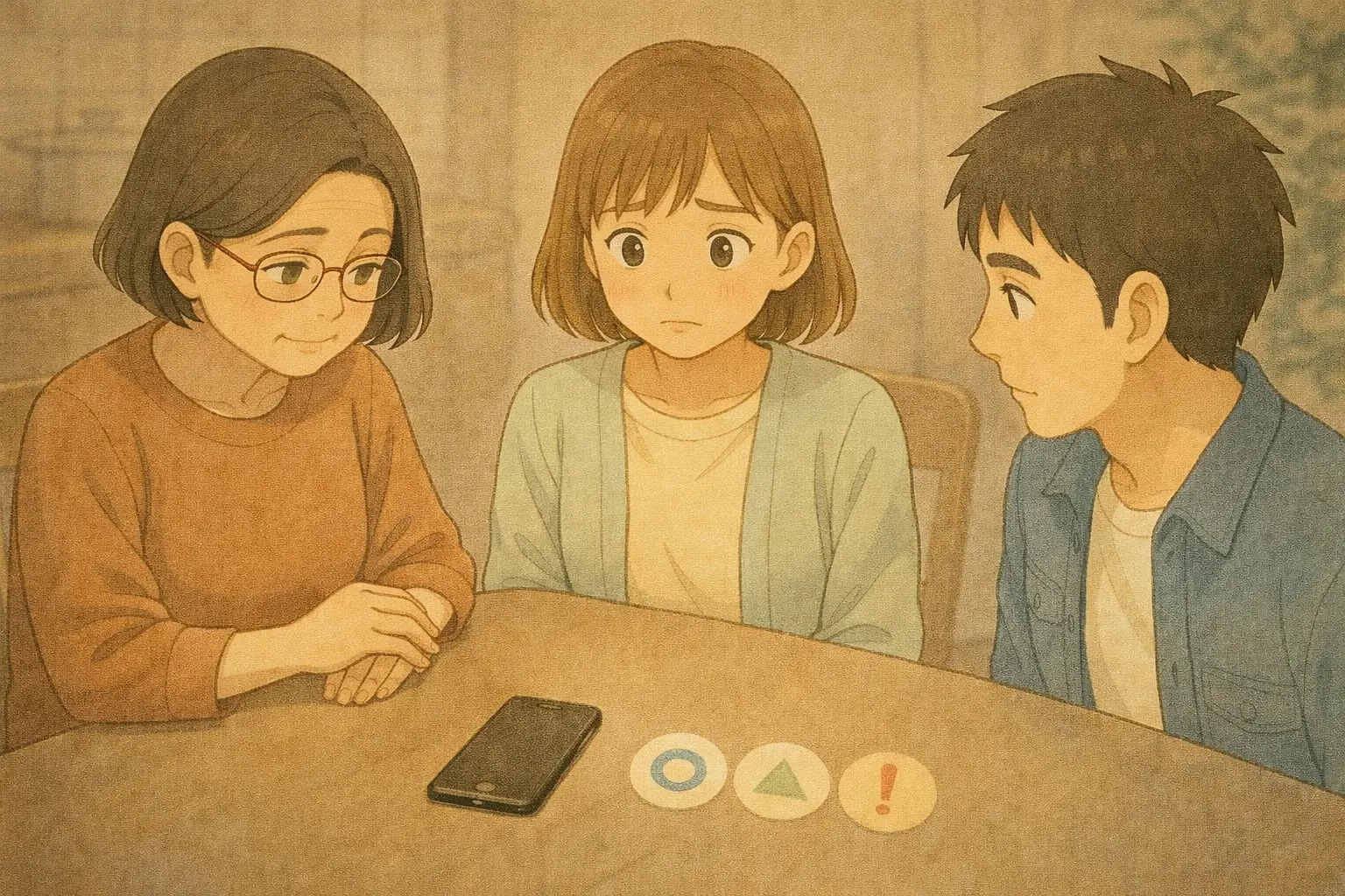 テーブルを囲んで、明美さん・陽菜・ひろとがiPhone 7を前にそれぞれの状況を考えているイメージイラスト
