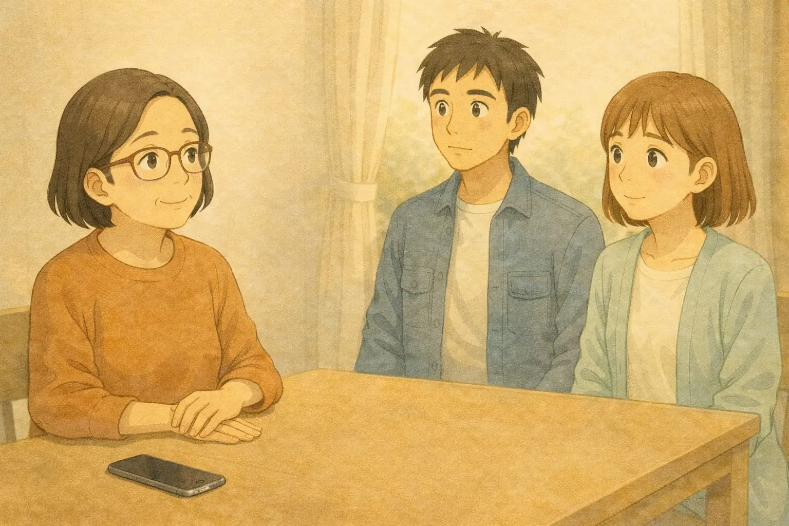 iPhone 7をテーブルに置き、困ったときの相談先を一緒に考えている明美さんと、ひろと・陽菜の3人