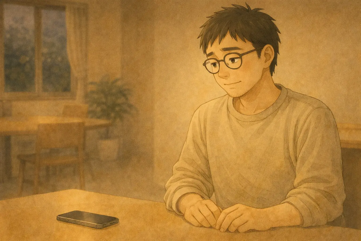 iPhoneを置いたまま「今日はここまで」と落ち着いた表情のさとし