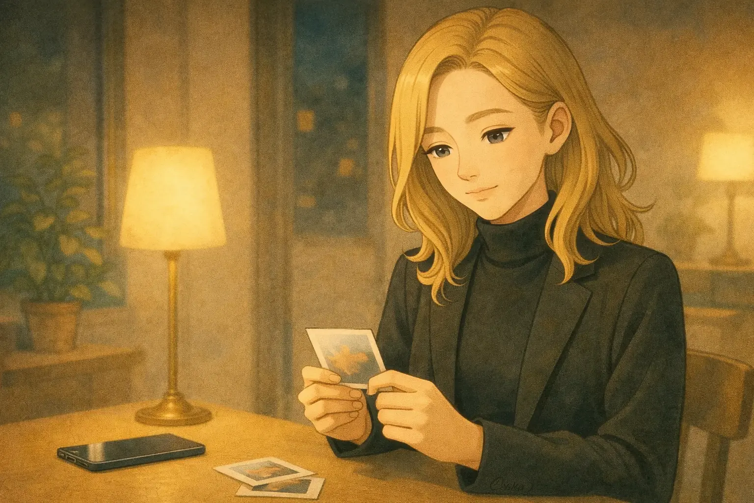 夜の室内で、彩花がiPhone Airを机に置き、静かに写真を見返している様子