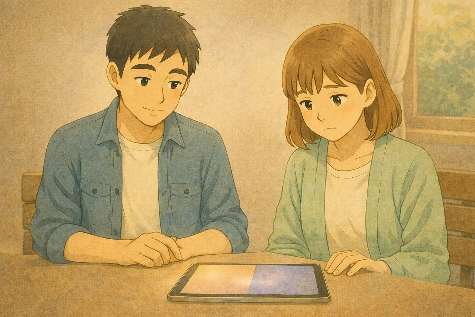 考えが戻ったあと、すぐに次へ進まずiPadの前で立ち止まるひろとと陽菜