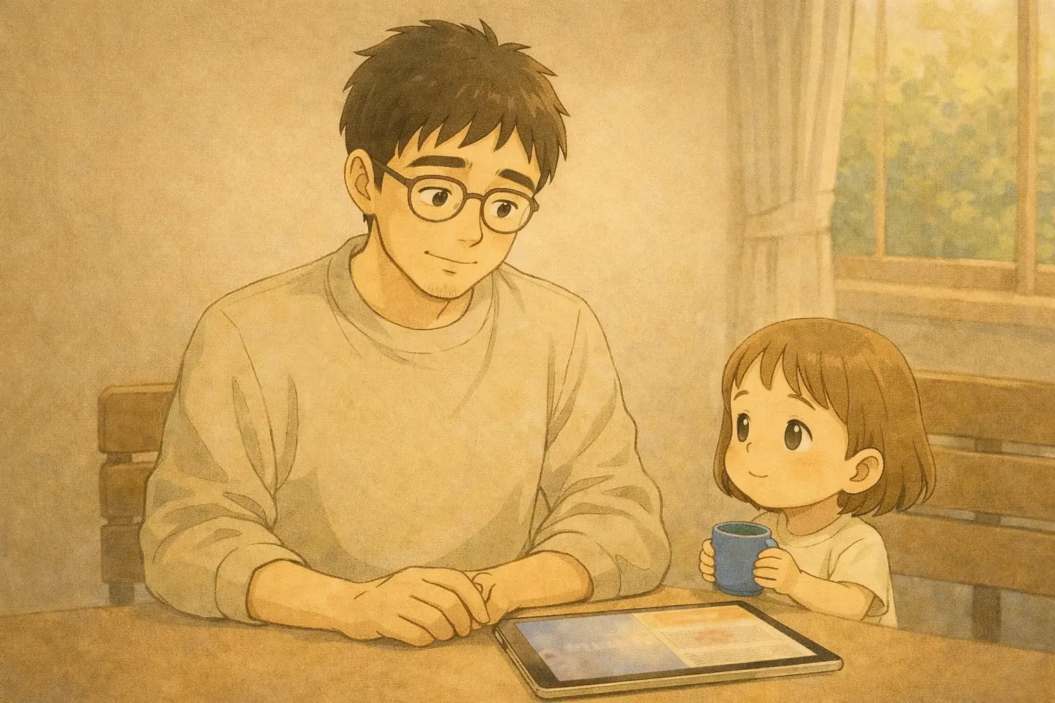 途中のままのiPadのそばで、芽依と一緒に過ごすさとしの日常