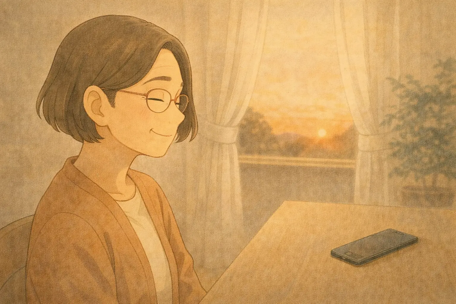 テーブルの端に置かれたiPhone 7を前に、少し安心した表情の明美さんのイメージイラスト