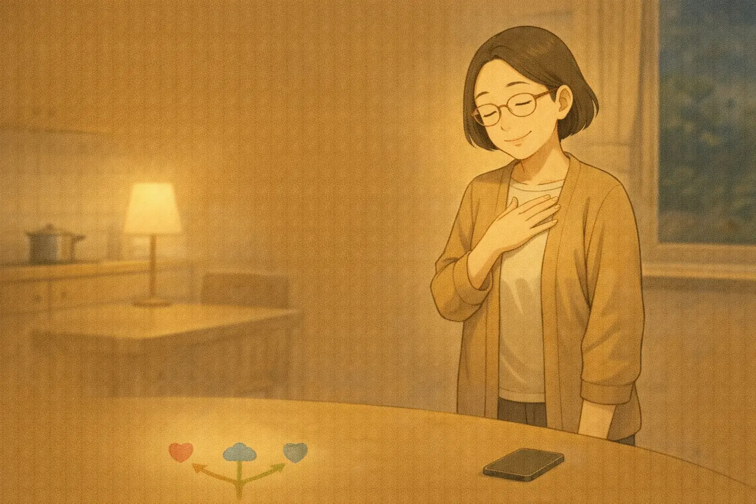 iPhone 7とLINEの不安を整理し、落ち着いた余韻で締めくくる場面