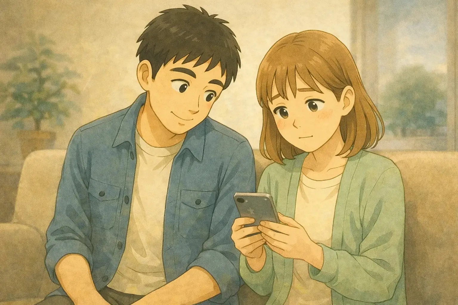 軽さや扱いやすさを想像しながらスマホを見る陽菜とひろと