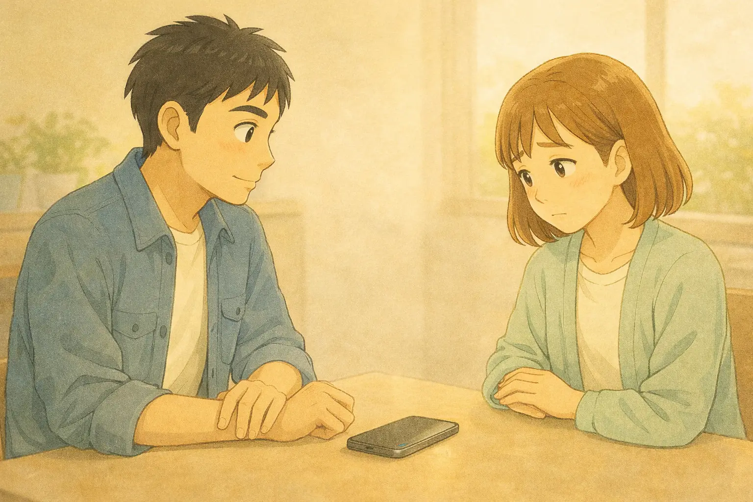 iOS 26のアップデート後、iPhoneのバッテリー表示を見ながら落ち着いて話すひろとと陽菜