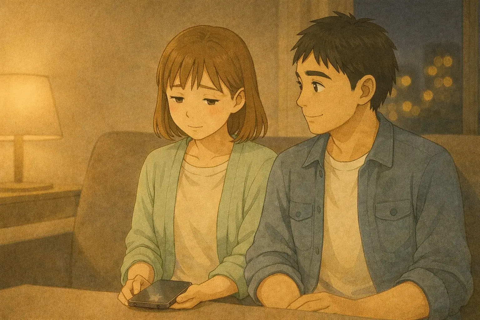 iOS 26のバッテリー設定を見る前に、スマホから少し目を離して落ち着く陽菜とひろと