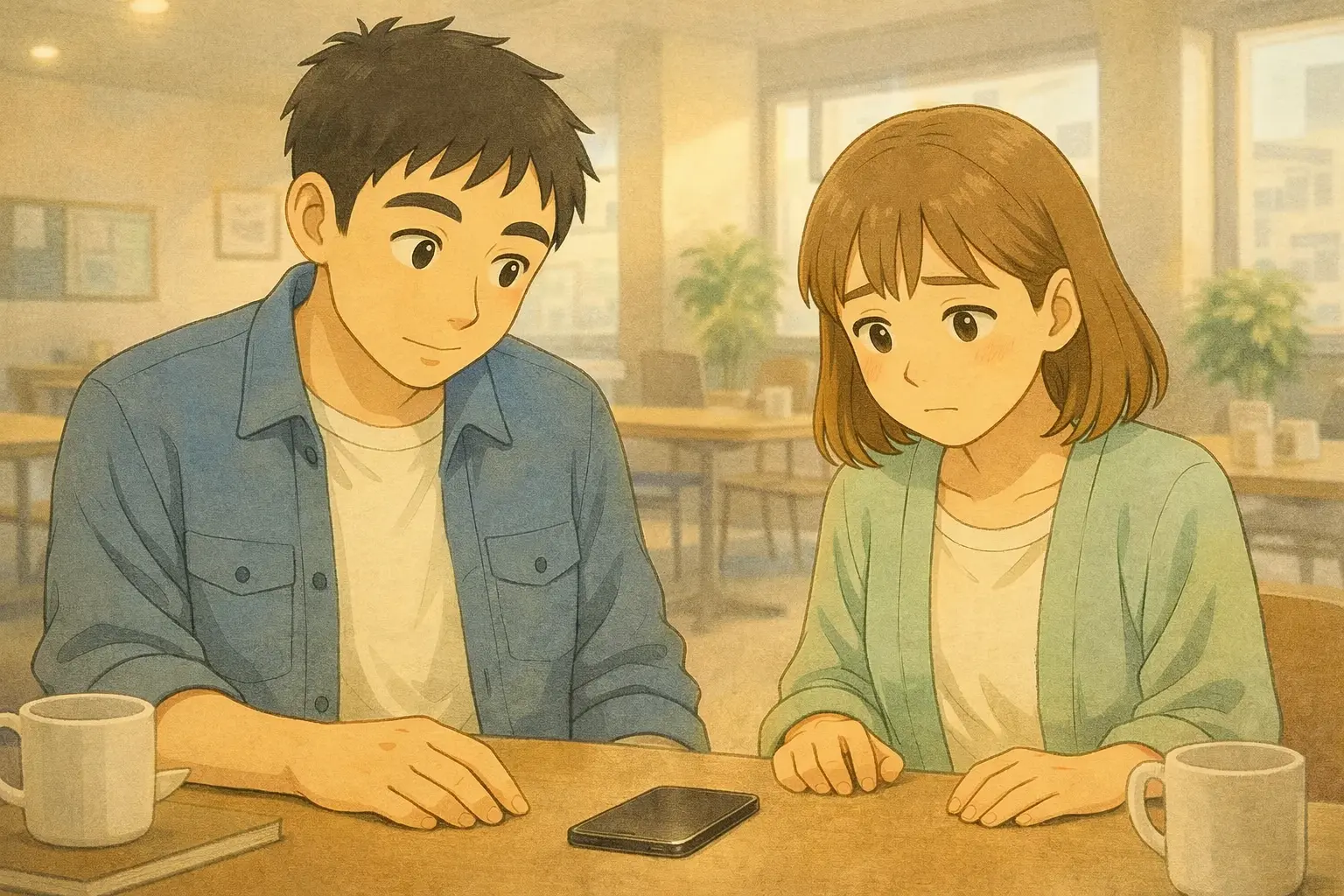 昼休みにスマホを前に、考え込むひろとと陽菜