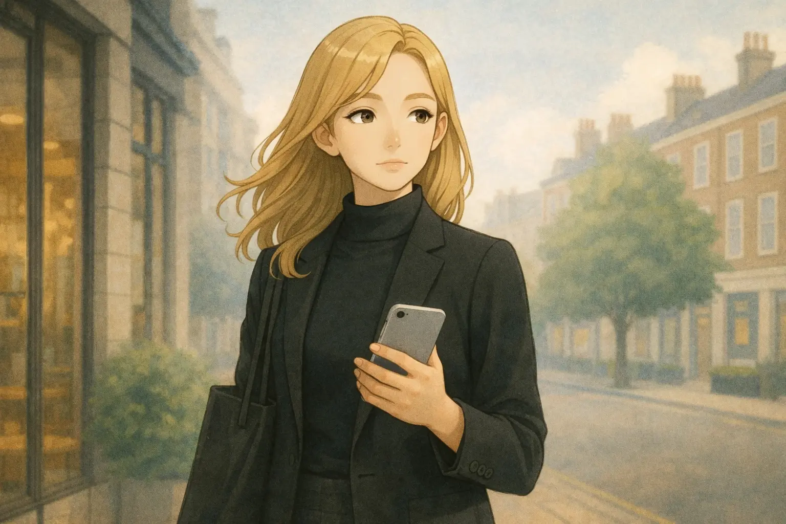 iPhone Airを手に、静かに考えごとをしている彩花の屋外シーン