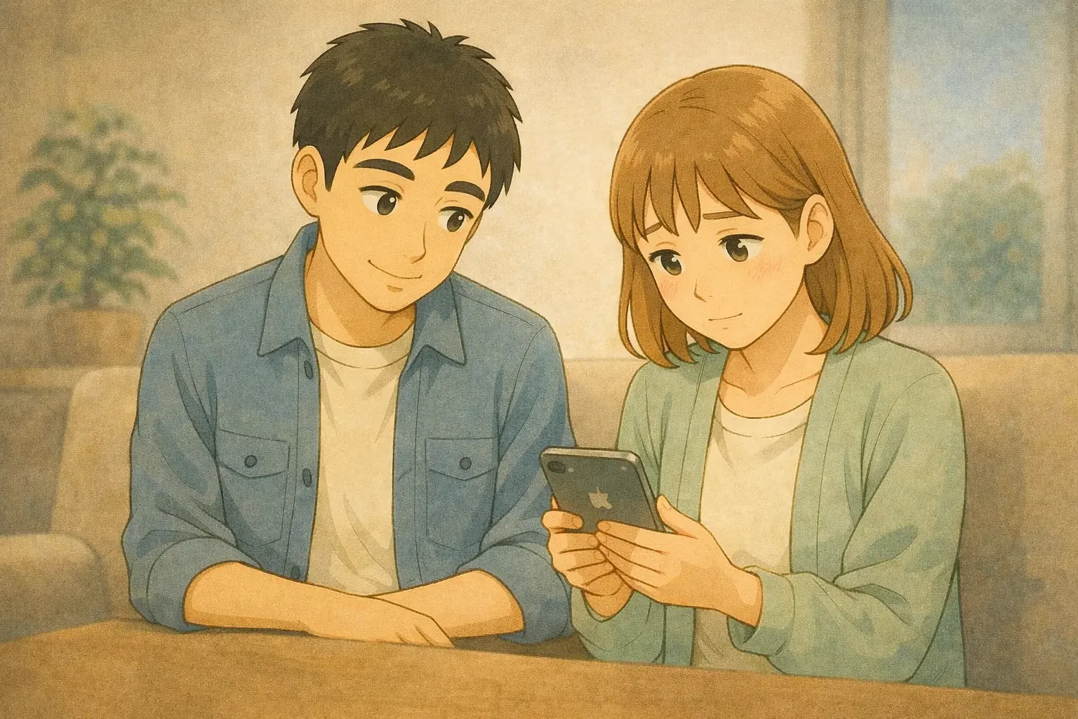 iPhone Airが合いそうか静かに考えるひろとと陽菜の室内シーン