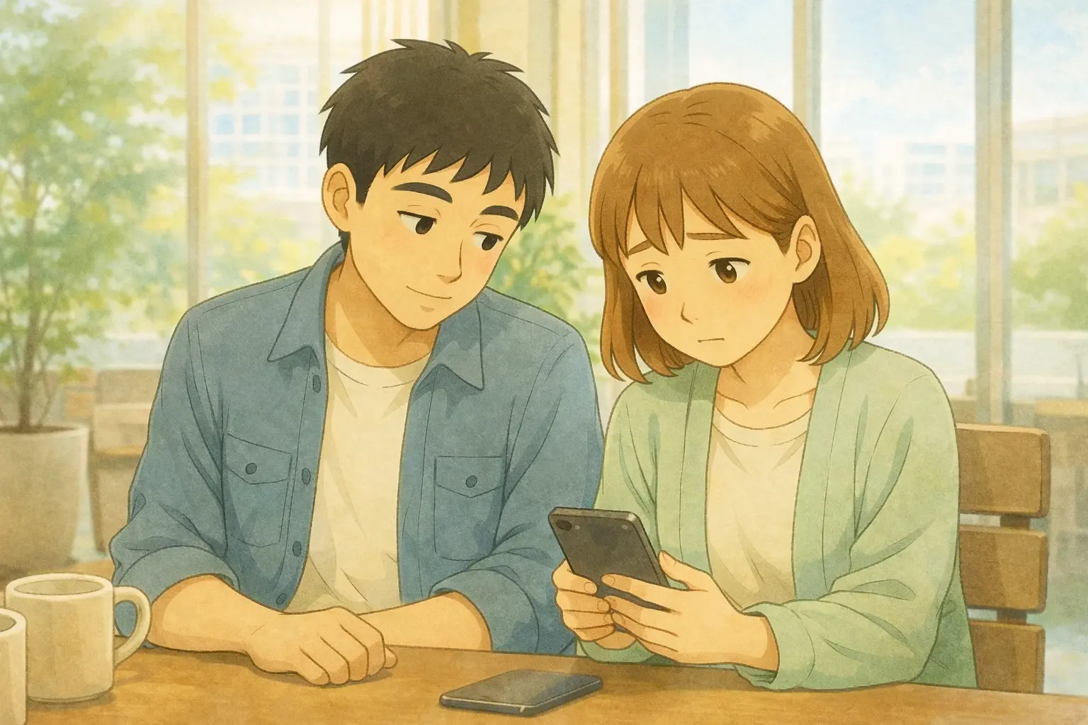  ひろとと陽菜が昼の時間帯にiPhoneを見て考えている