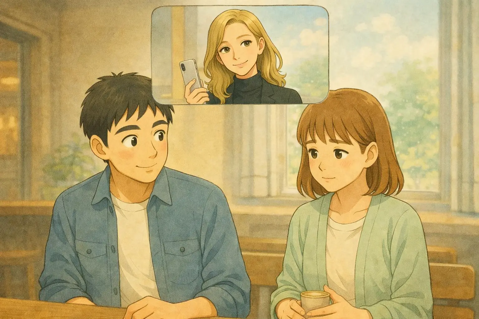 新モデルを外から眺めながら、出たら考える彩花の立ち位置を表したイメージ