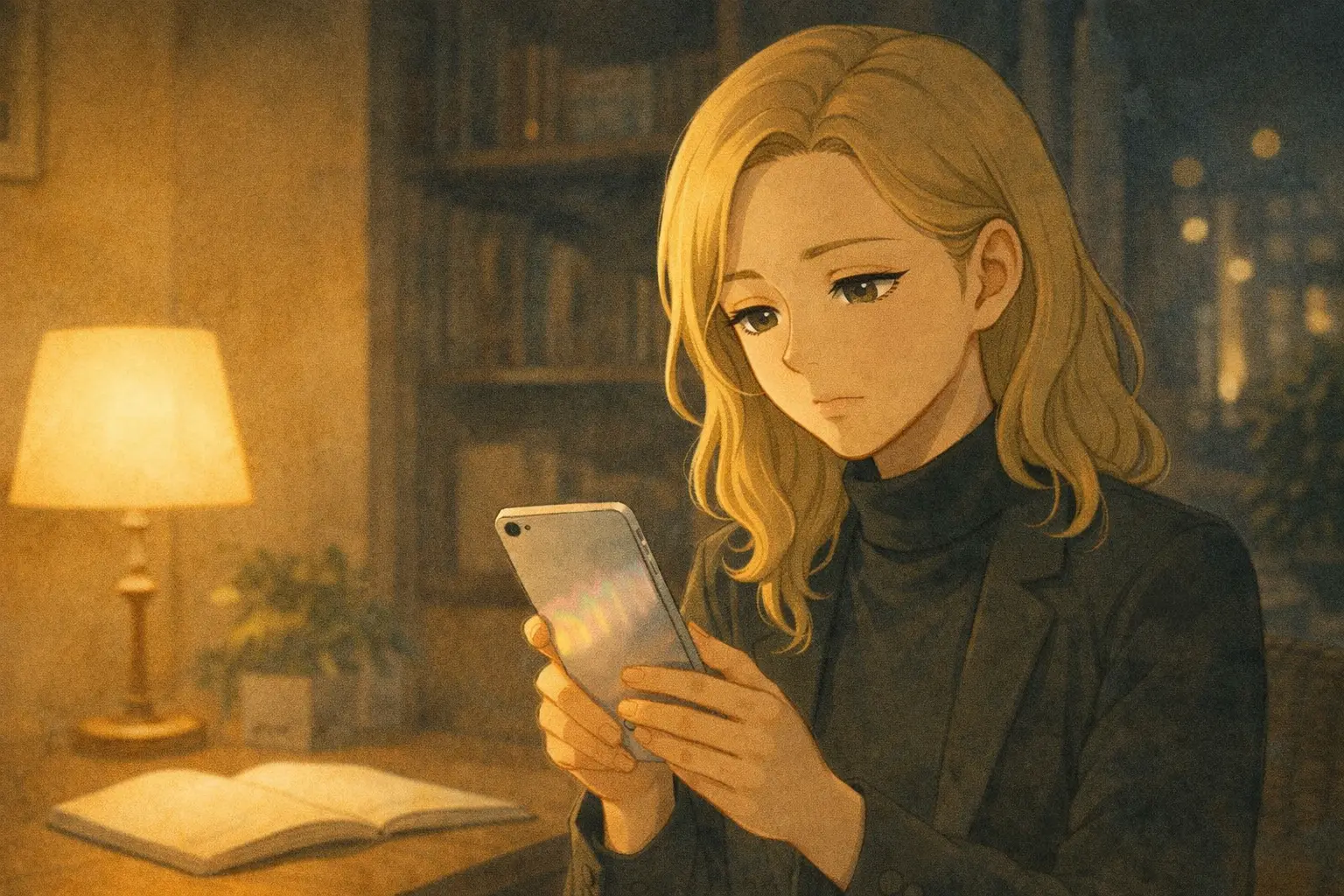 夜の室内で、iPhone Airを手に静かに写真を見つめながら考える彩花の様子