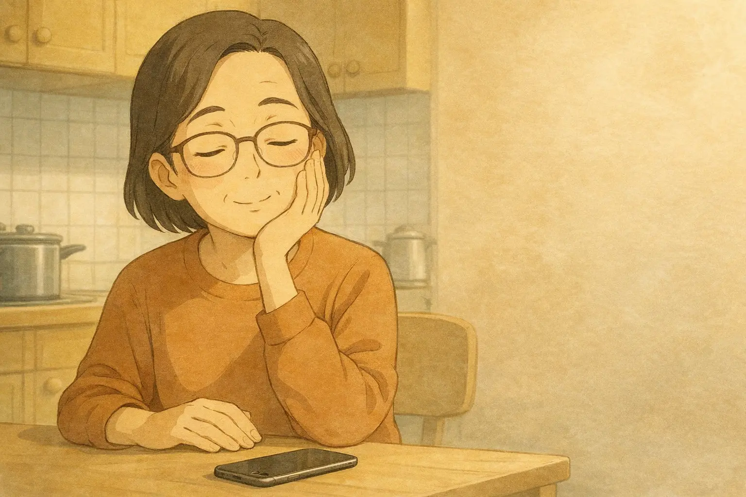 キッチンのテーブルでiPhone 7をそっと置き、今は問題なく使えていることに気づいて少し安心する明美さん