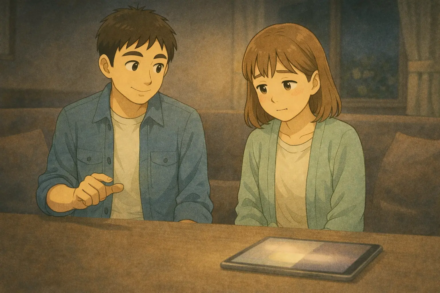 主張しない位置に置かれたiPadと、落ち着いて座る二人