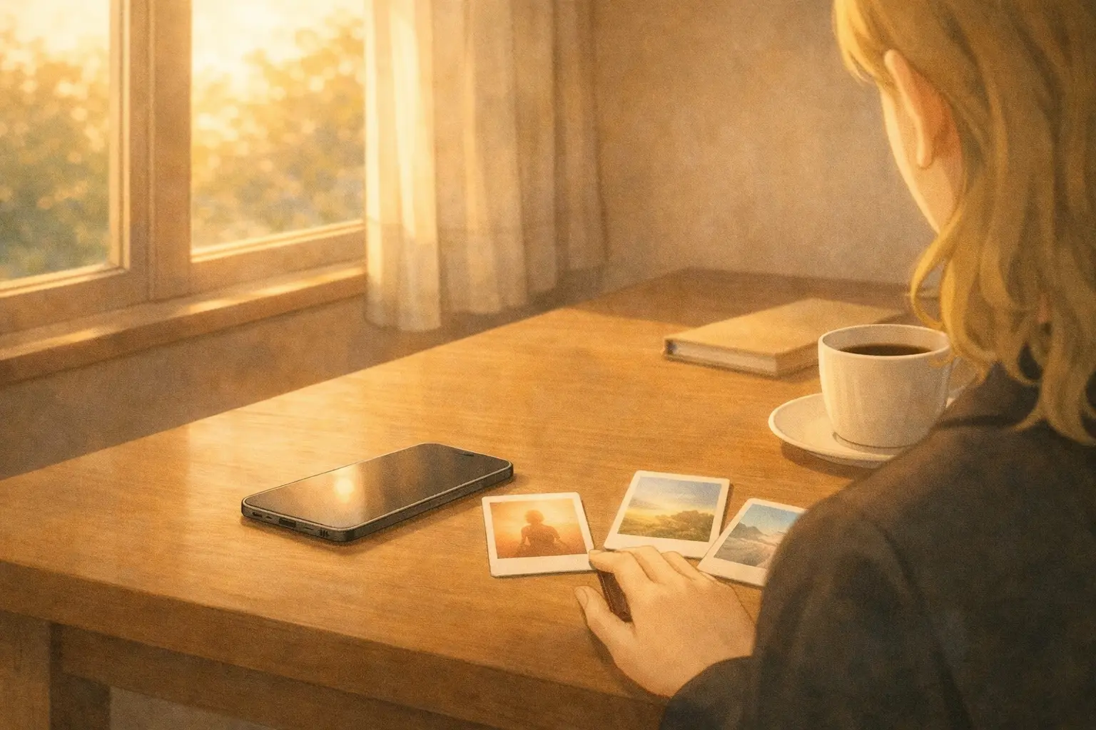 夕方の光の中で、iPhone Airと写真をテーブルに置き、撮った写真を静かに見返している彩花の後ろ姿