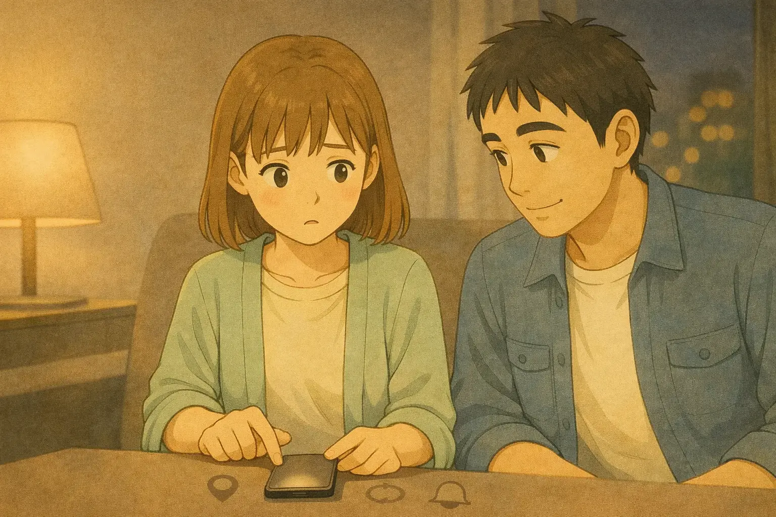 夜、バッテリー消費に影響しやすい設定の“候補”を、触らずに眺める陽菜とひろと