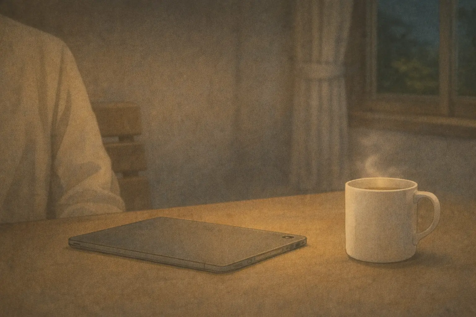 iPadを閉じずに置いたまま、静かに一日を終える余韻のカット