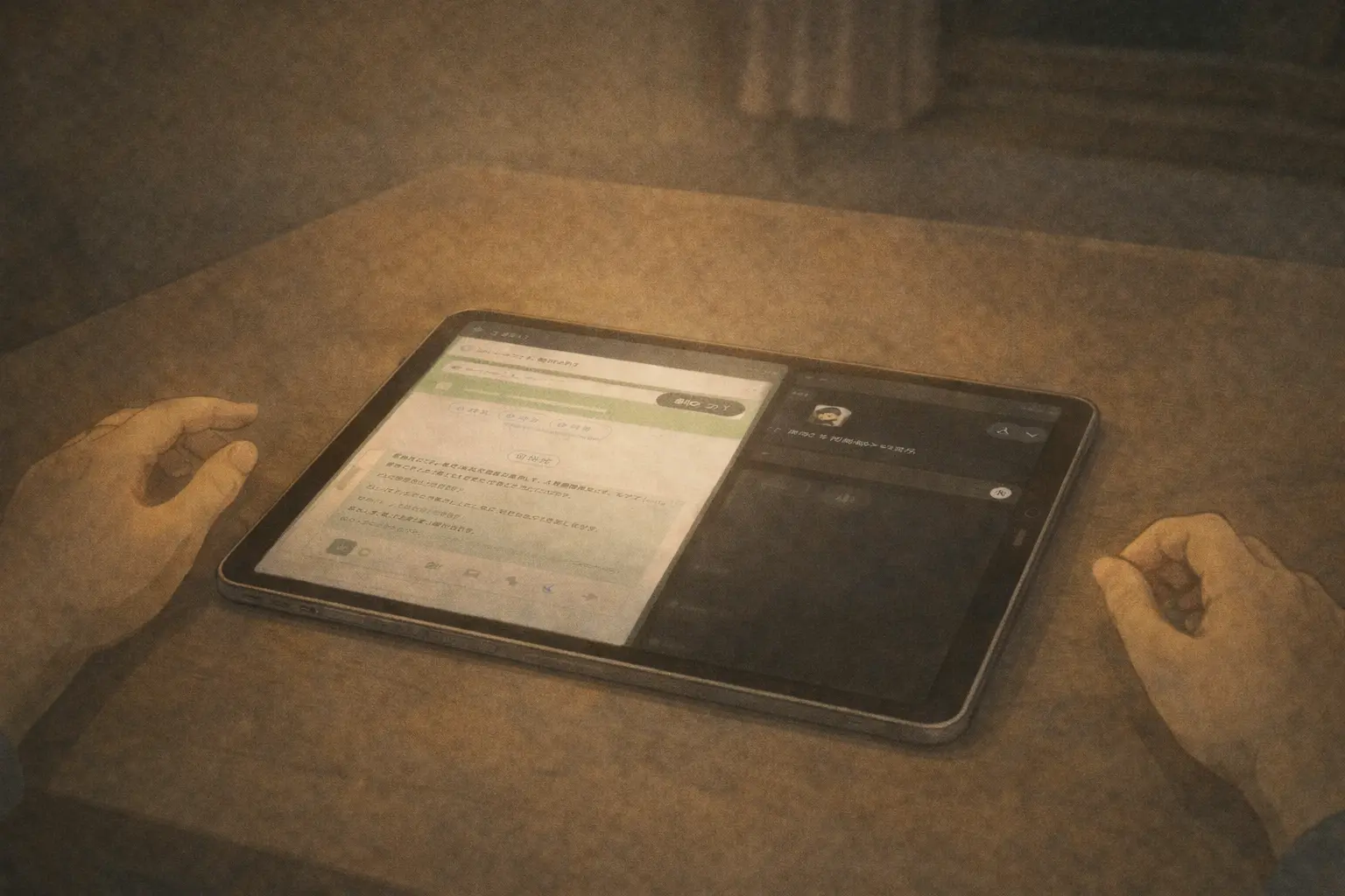 Split Viewが開いたまま、考えを終わらせずに座るひろとと陽菜