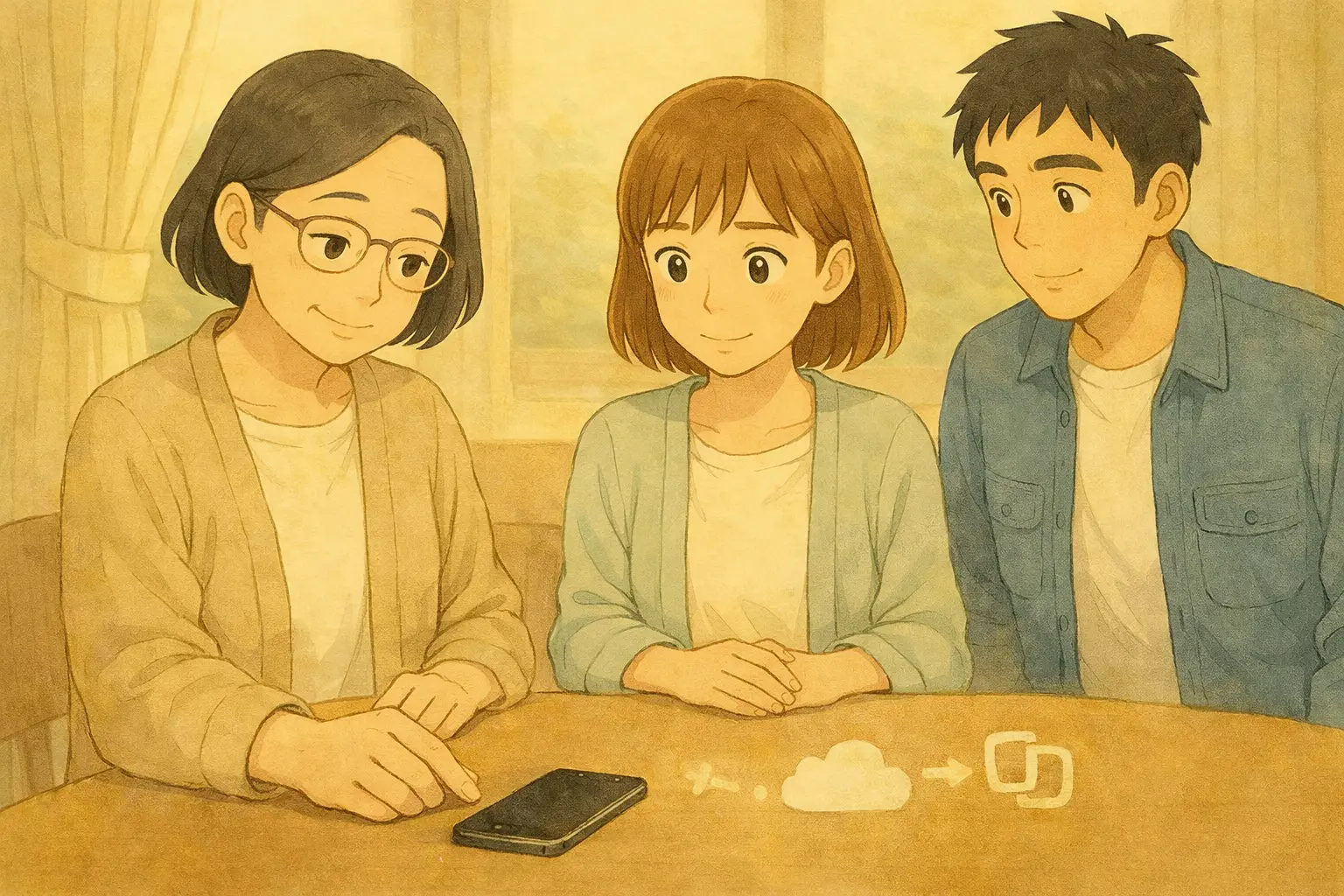 iCloudに保存されるLINEのバックアップの流れを、家族で落ち着いて整理して確認している場面