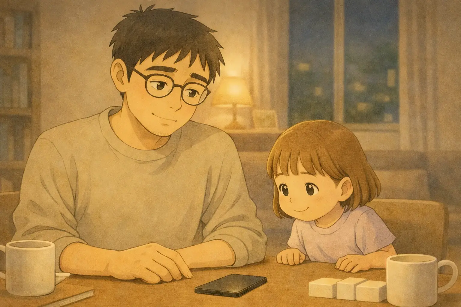 画面を伏せたスマホのそばで、静かに落ち着くさとしと芽依